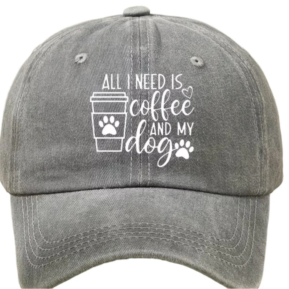 Gray Baseball Cap All I want is Coffee and My Dog Design NWOT